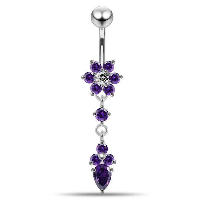 Moving Jeweled Flower Design Belly Ring - Monster Piercing