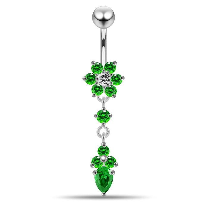 Moving Jeweled Flower Design Belly Ring - Monster Piercing