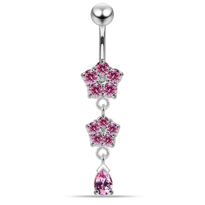 Moving Jeweled Double Flower Navel Ring - Monster Piercing