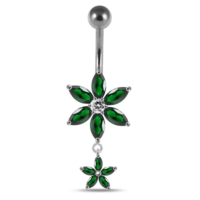 Moving Jeweled Flower Designed Belly Ring - Monster Piercing