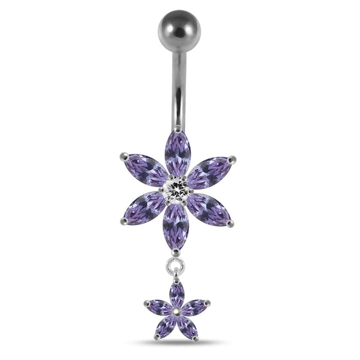 Moving Jeweled Flower Designed Belly Ring - Monster Piercing