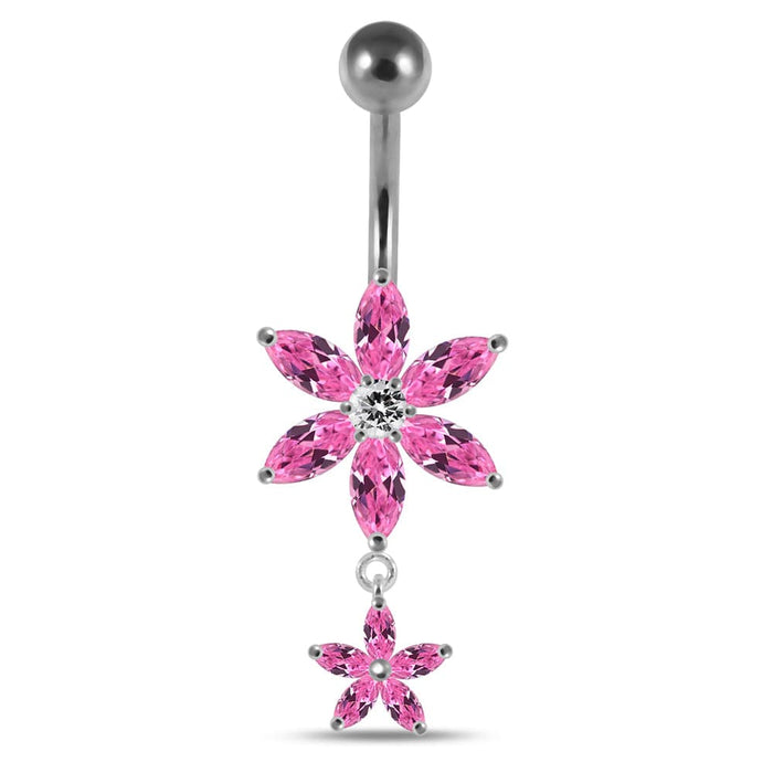 Moving Jeweled Flower Designed Belly Ring - Monster Piercing