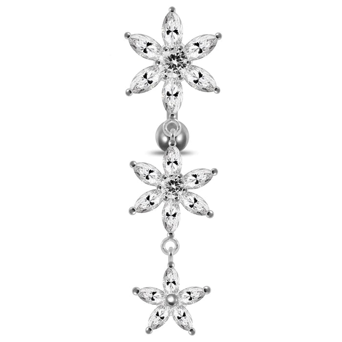 Moving Jeweled Multi Flower Designed SS Curved Banana Bar Belly Ring - Monster Piercing