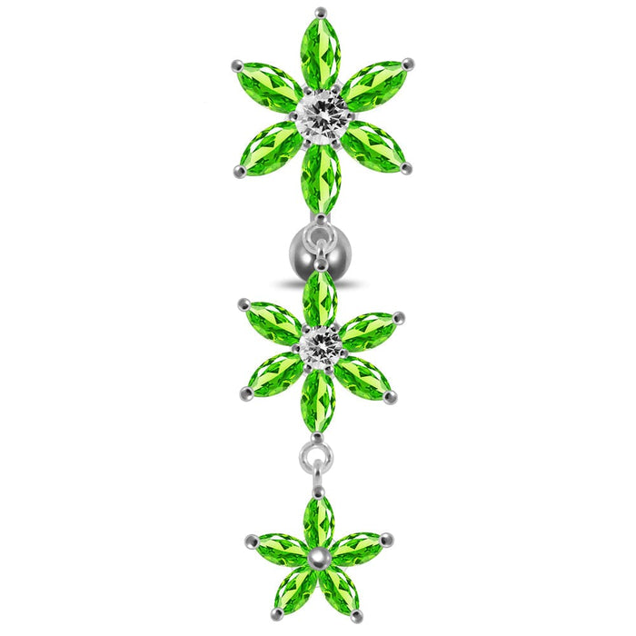 Moving Jeweled Multi Flower Designed SS Curved Banana Bar Belly Ring - Monster Piercing