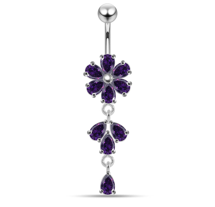 Moving Flower Designed Jeweled Navel Ring - Monster Piercing