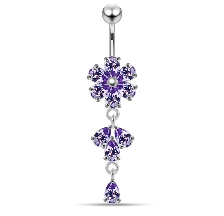 Moving Flower Designed Jeweled Navel Ring - Monster Piercing