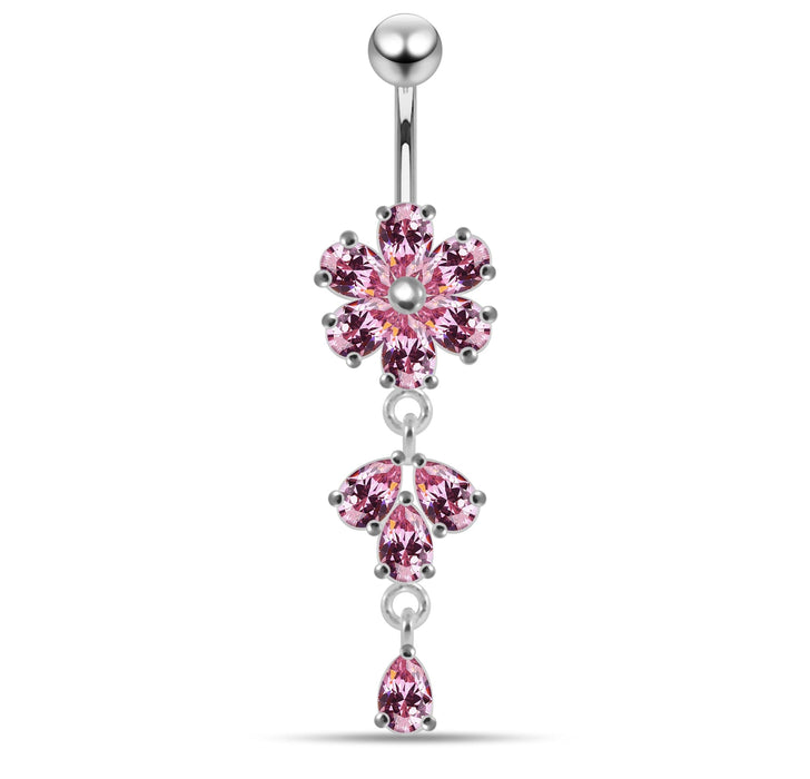 Moving Flower Designed Jeweled Navel Ring - Monster Piercing