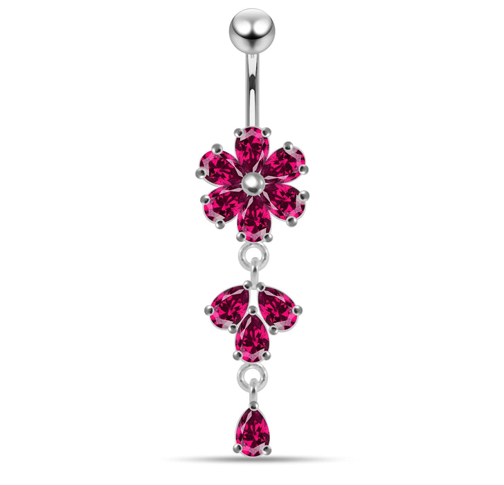 Moving Flower Designed Jeweled Navel Ring - Monster Piercing