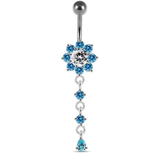 Moving Jeweled Flower Design Curved Bar Belly Ring - Monster Piercing