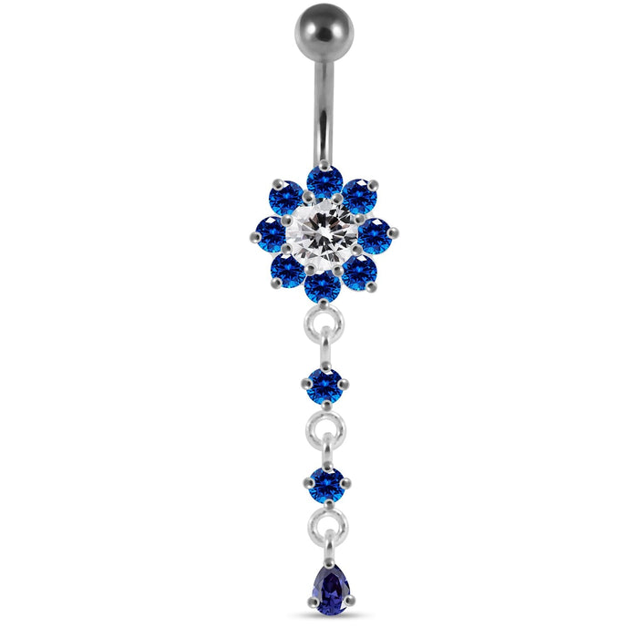 Moving Jeweled Flower Design Curved Bar Belly Ring - Monster Piercing