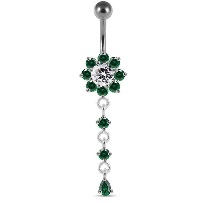 Moving Jeweled Flower Design Curved Bar Belly Ring - Monster Piercing