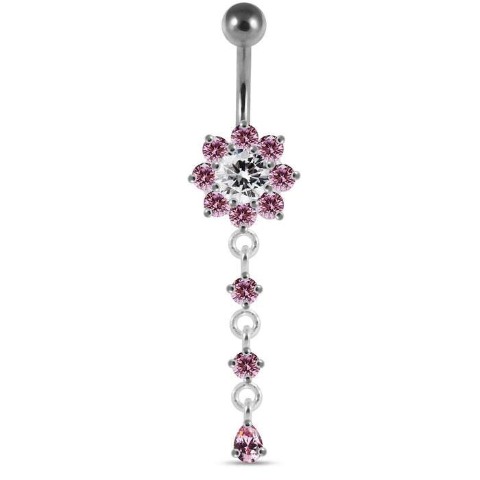 Moving Jeweled Flower Design Curved Bar Belly Ring - Monster Piercing