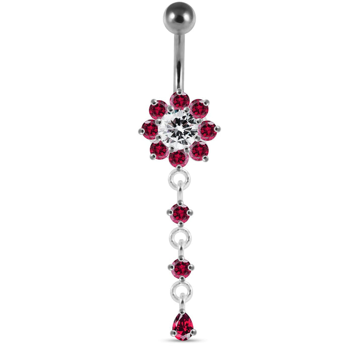 Moving Jeweled Flower Design Curved Bar Belly Ring - Monster Piercing