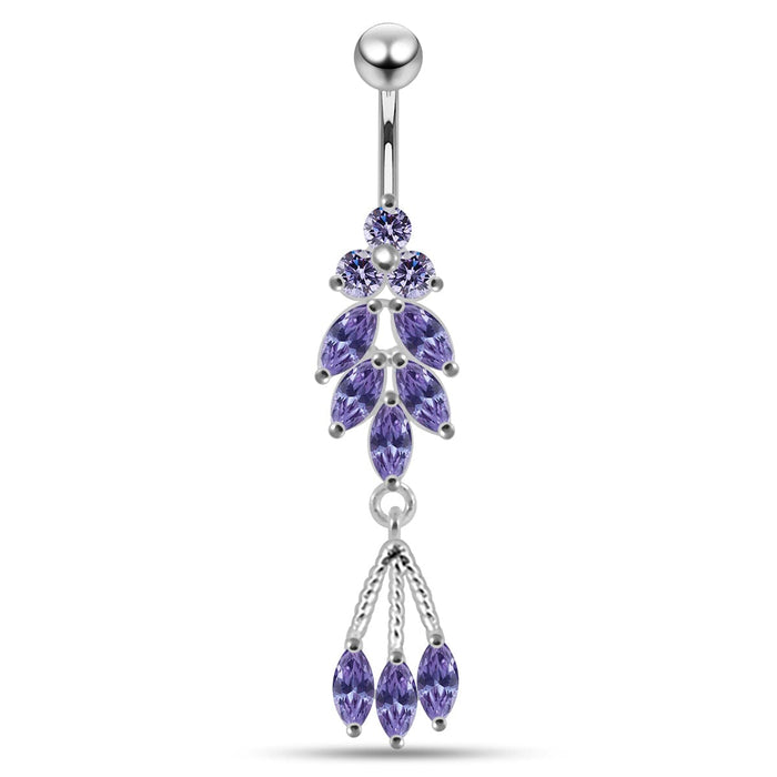 Fancy Jeweled Silver Dangling 316L SS Bar Belly Ring - Monster Piercing