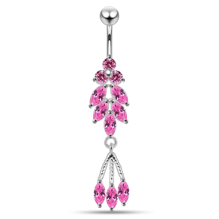 Fancy Jeweled Silver Dangling 316L SS Bar Belly Ring - Monster Piercing