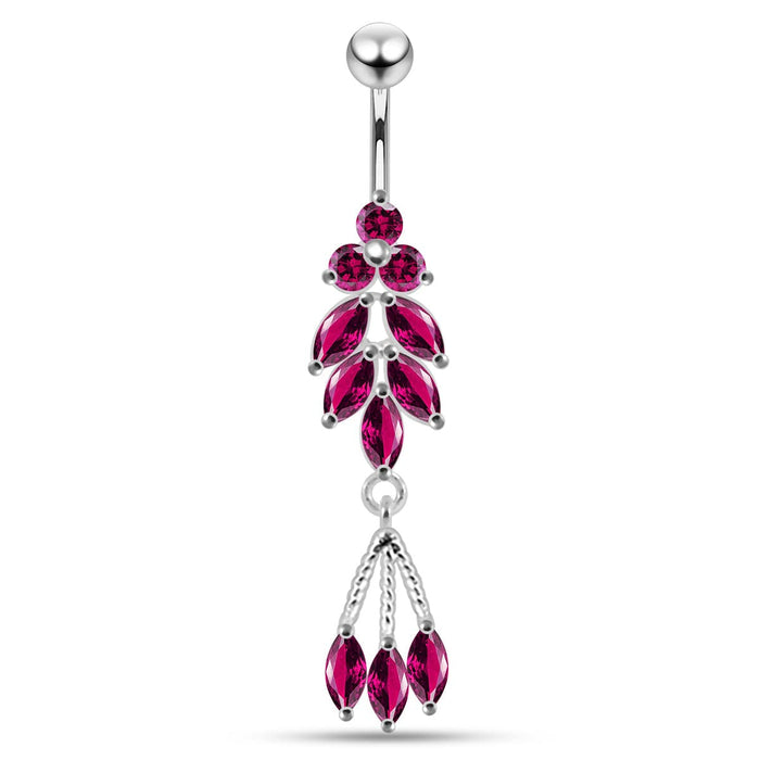 Fancy Jeweled Silver Dangling 316L SS Bar Belly Ring - Monster Piercing