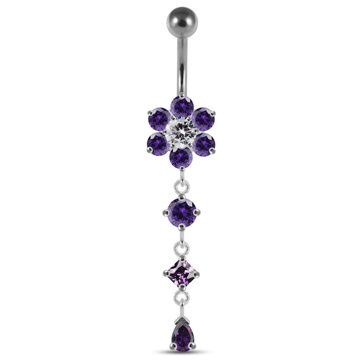 Dangling Jeweled Flower Belly Bar - Monster Piercing