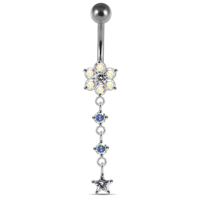 Moving Jeweled Flower Design Banana Bar Navel Ring - Monster Piercing