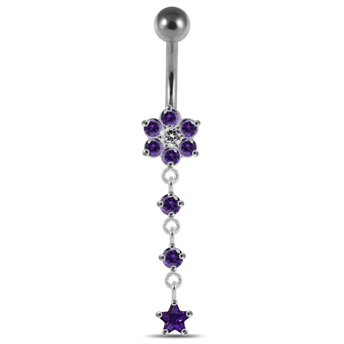 Moving Jeweled Flower Design Banana Bar Navel Ring - Monster Piercing