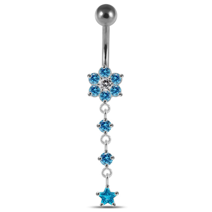 Moving Jeweled Flower Design Banana Bar Navel Ring - Monster Piercing