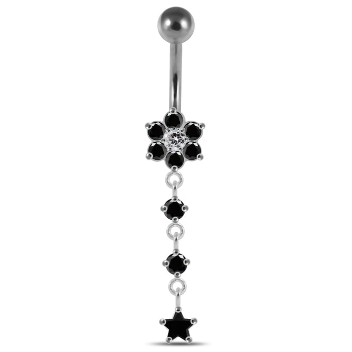 Moving Jeweled Flower Design Banana Bar Navel Ring - Monster Piercing