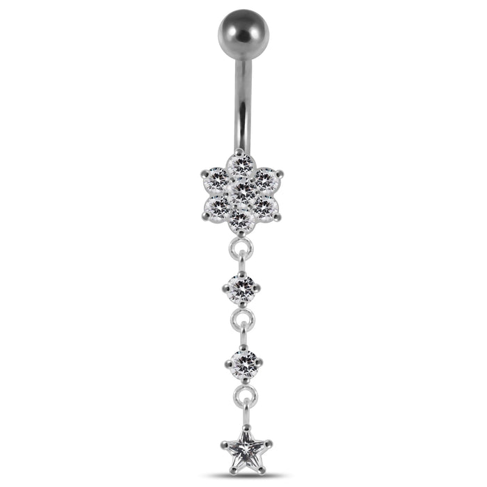 Moving Jeweled Flower Design Banana Bar Navel Ring - Monster Piercing