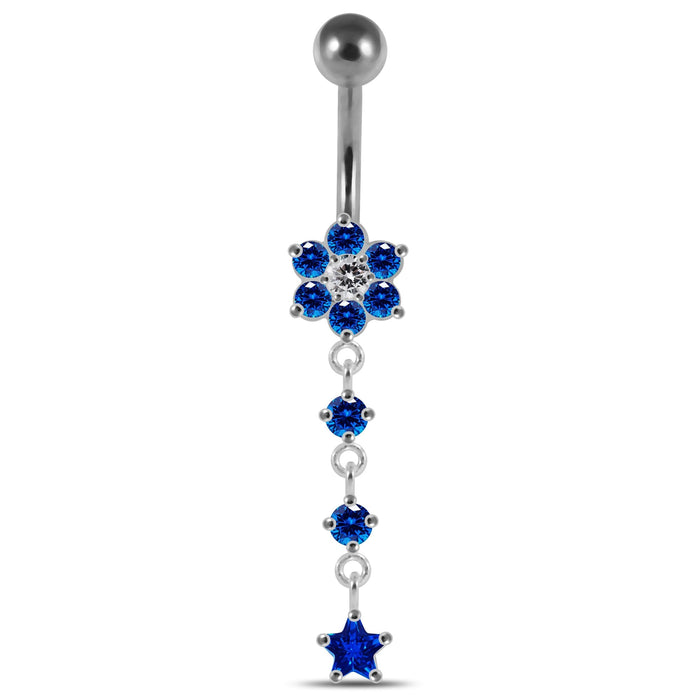 Moving Jeweled Flower Design Banana Bar Navel Ring - Monster Piercing