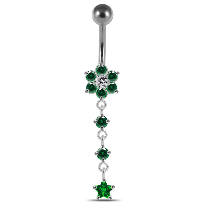 Moving Jeweled Flower Design Banana Bar Navel Ring - Monster Piercing