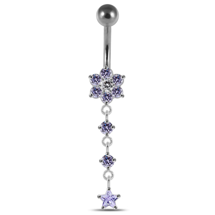 Moving Jeweled Flower Design Banana Bar Navel Ring - Monster Piercing