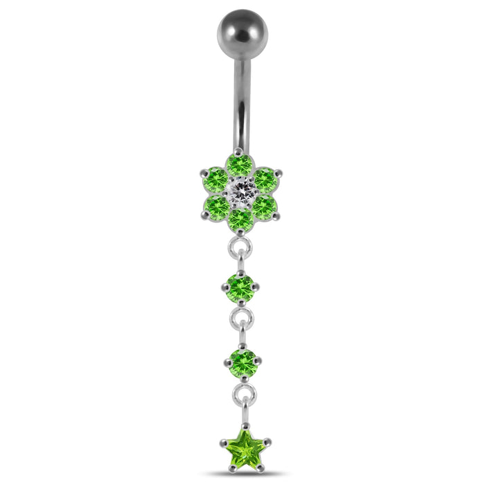 Moving Jeweled Flower Design Banana Bar Navel Ring - Monster Piercing