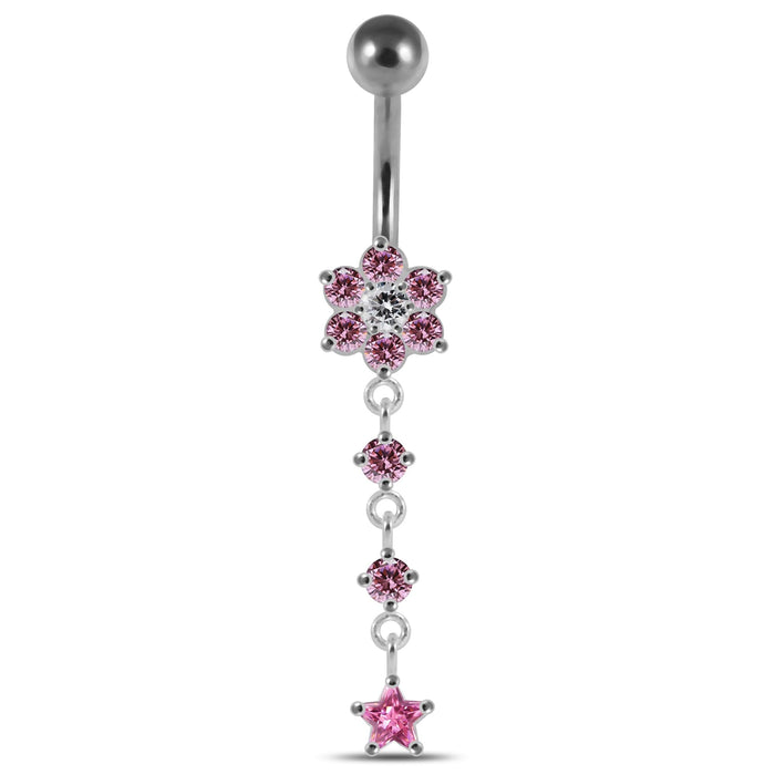 Moving Jeweled Flower Design Banana Bar Navel Ring - Monster Piercing