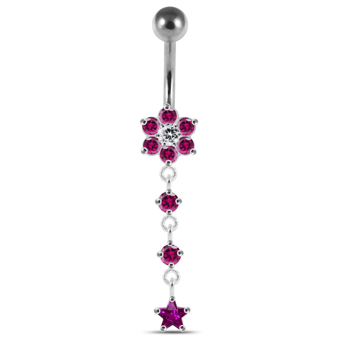 Moving Jeweled Flower Design Banana Bar Navel Ring - Monster Piercing