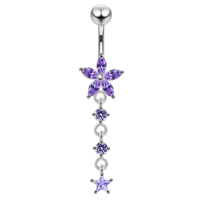 Jeweled Moving Flower Design Belly Ring - Monster Piercing