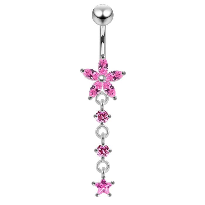 Jeweled Moving Flower Design Belly Ring - Monster Piercing