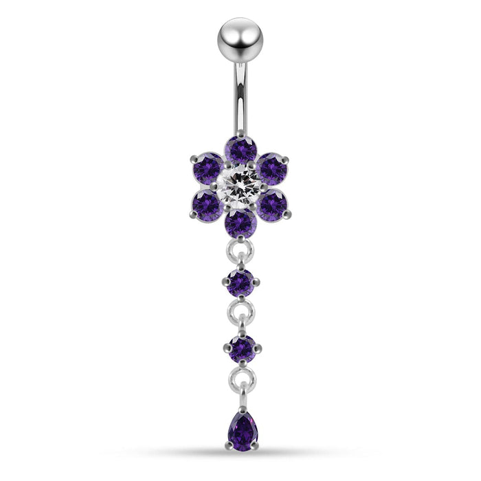 Sterling Silver Moving Jeweled Flower Design Navel Ring - Monster Piercing