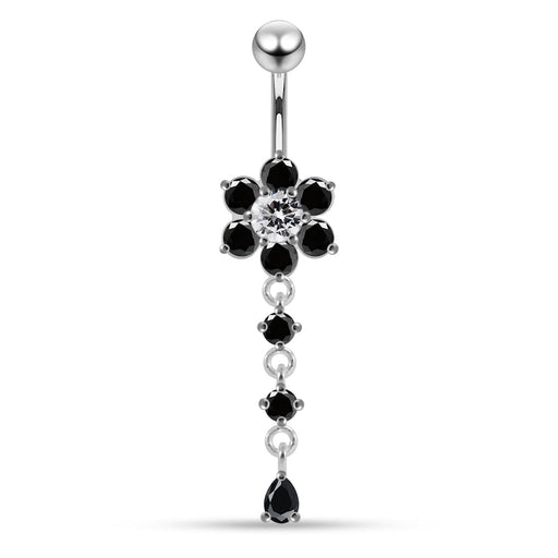 Sterling Silver Moving Jeweled Flower Design Navel Ring - Monster Piercing