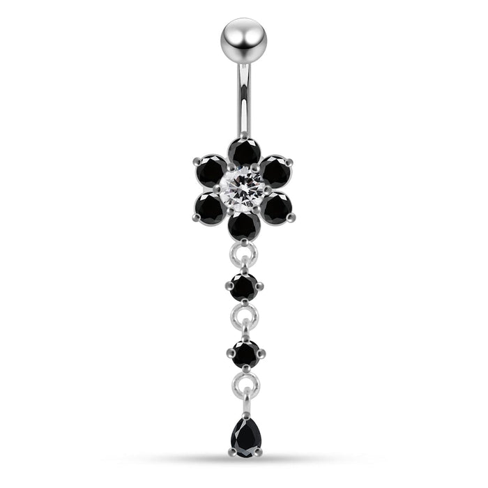 Sterling Silver Moving Jeweled Flower Design Navel Ring - Monster Piercing