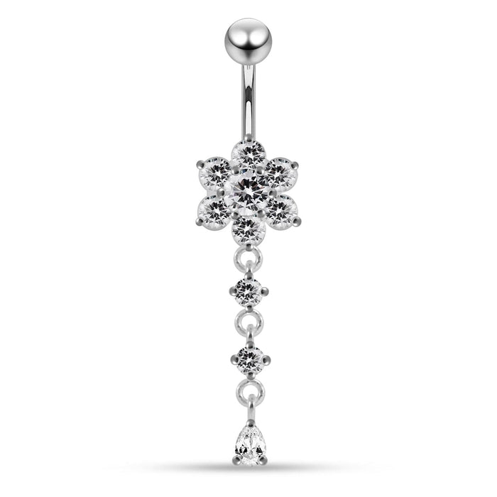 Sterling Silver Moving Jeweled Flower Design Navel Ring - Monster Piercing