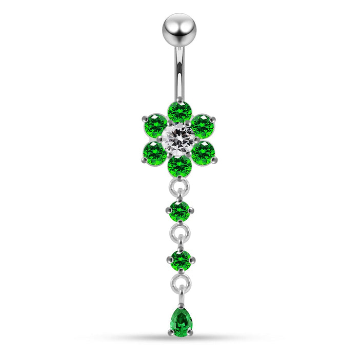 Sterling Silver Moving Jeweled Flower Design Navel Ring - Monster Piercing