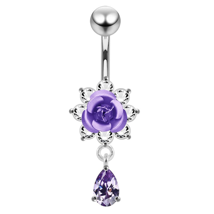 Moving Flower Design Jeweled Belly Ring - Monster Piercing