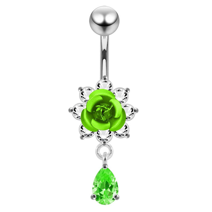 Moving Flower Design Jeweled Belly Ring - Monster Piercing