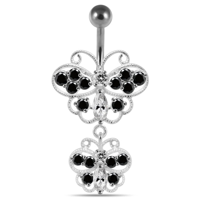 Multi Stones Moving Butterfly Banana Bar Navel Ring - Monster Piercing