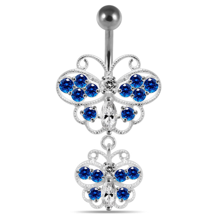 Multi Stones Moving Butterfly Banana Bar Navel Ring - Monster Piercing