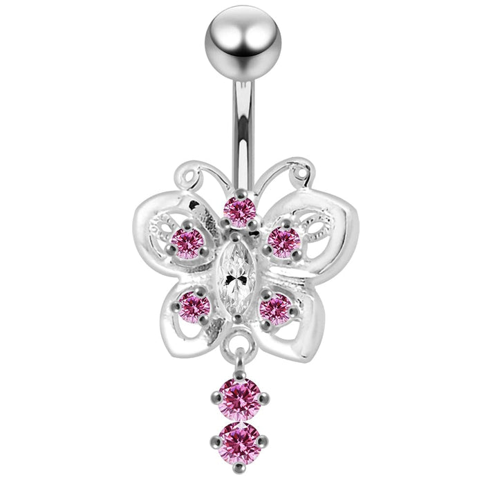 Moving fancy Jeweled Butterfly Curved Navel Ring - Monster Piercing