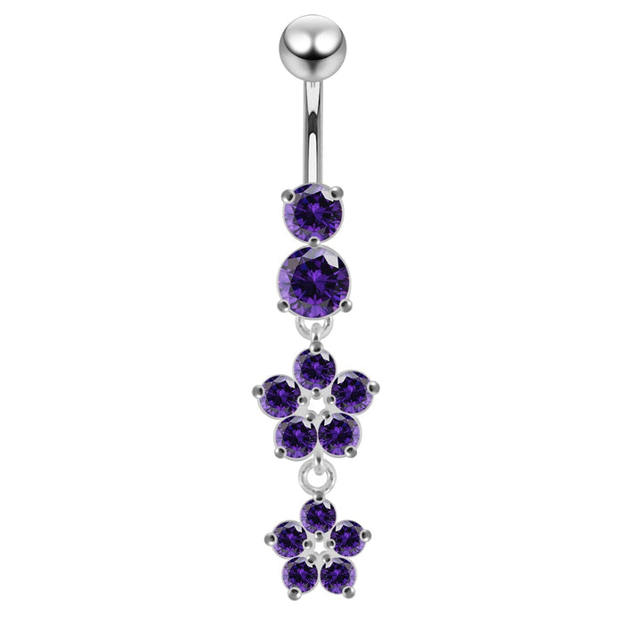 14 Gauge Moving Jeweled Flower Design Navel Ring - Monster Piercing