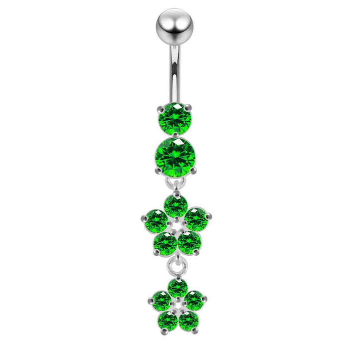 14 Gauge Moving Jeweled Flower Design Navel Ring - Monster Piercing