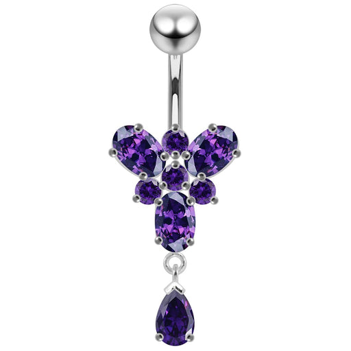 Ocean Blue Stone Studded SS Curved Bar Belly Ring - Monster Piercing