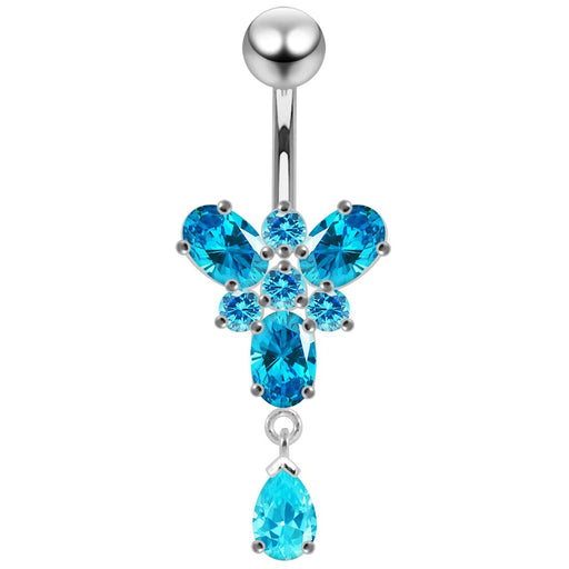 Ocean Blue Stone Studded SS Curved Bar Belly Ring - Monster Piercing