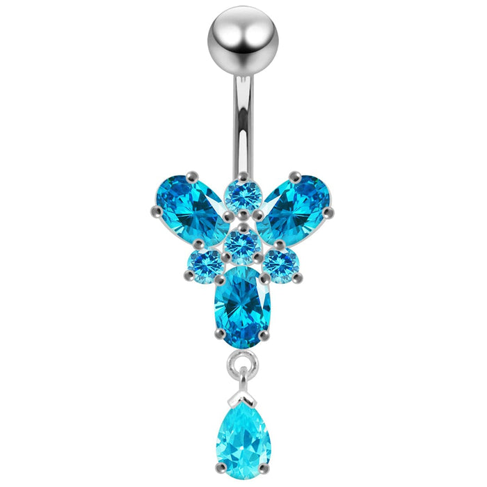 Ocean Blue Stone Studded SS Curved Bar Belly Ring - Monster Piercing