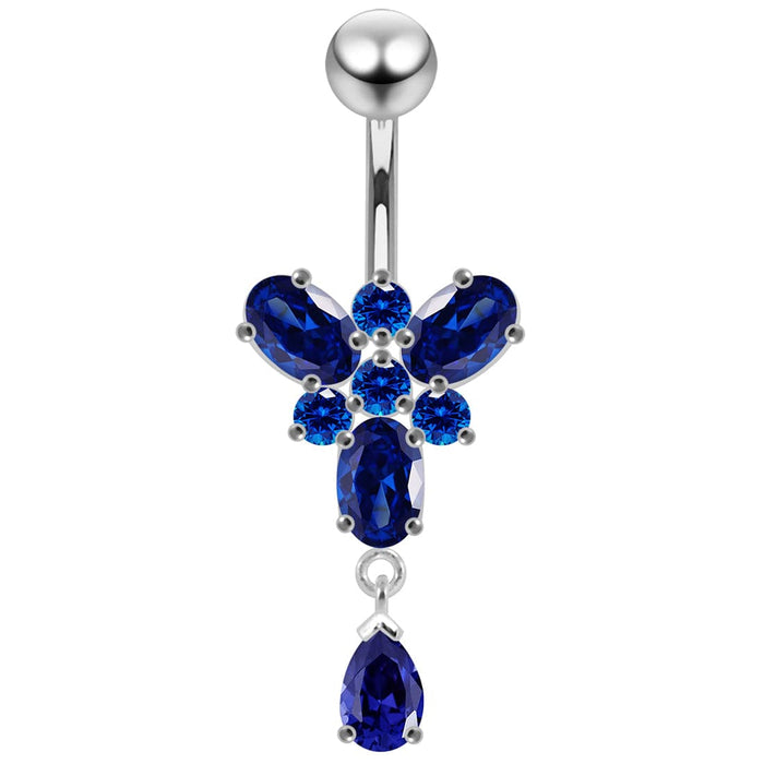 Ocean Blue Stone Studded SS Curved Bar Belly Ring - Monster Piercing